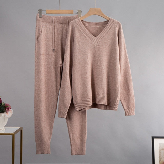 New Loose V Neck Sweater 2 Pieces Female Outfit